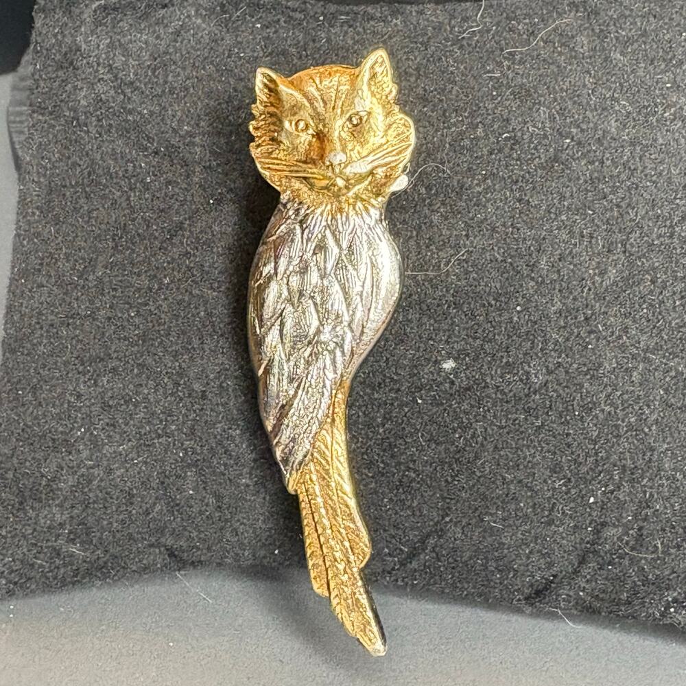 Vintage Owl Brooch Cat Head Bird Body Gold and Silver Brooch Signed 2.25"